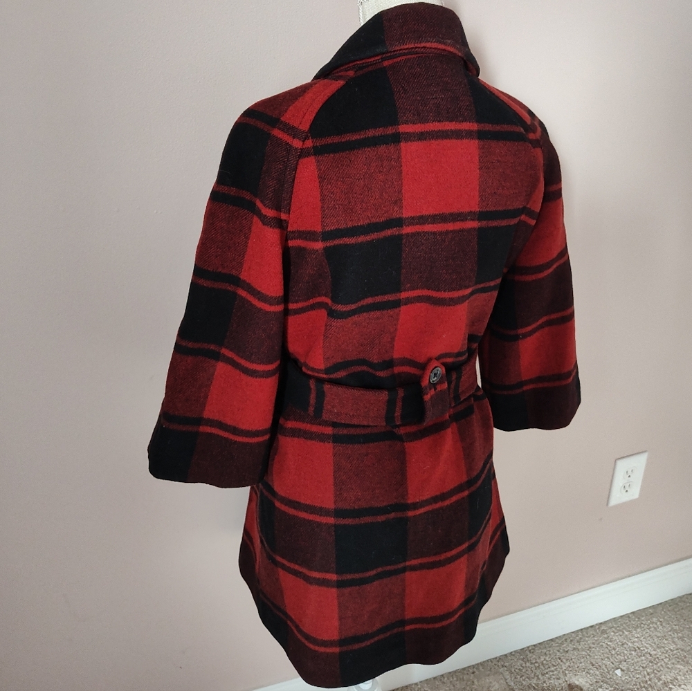 🥰 Vintage Y2K (2008) GAP Buffalo Plaid 3/4 Sleeve Mid Length Wool Pea Coat, SM - Picture 11 of 15